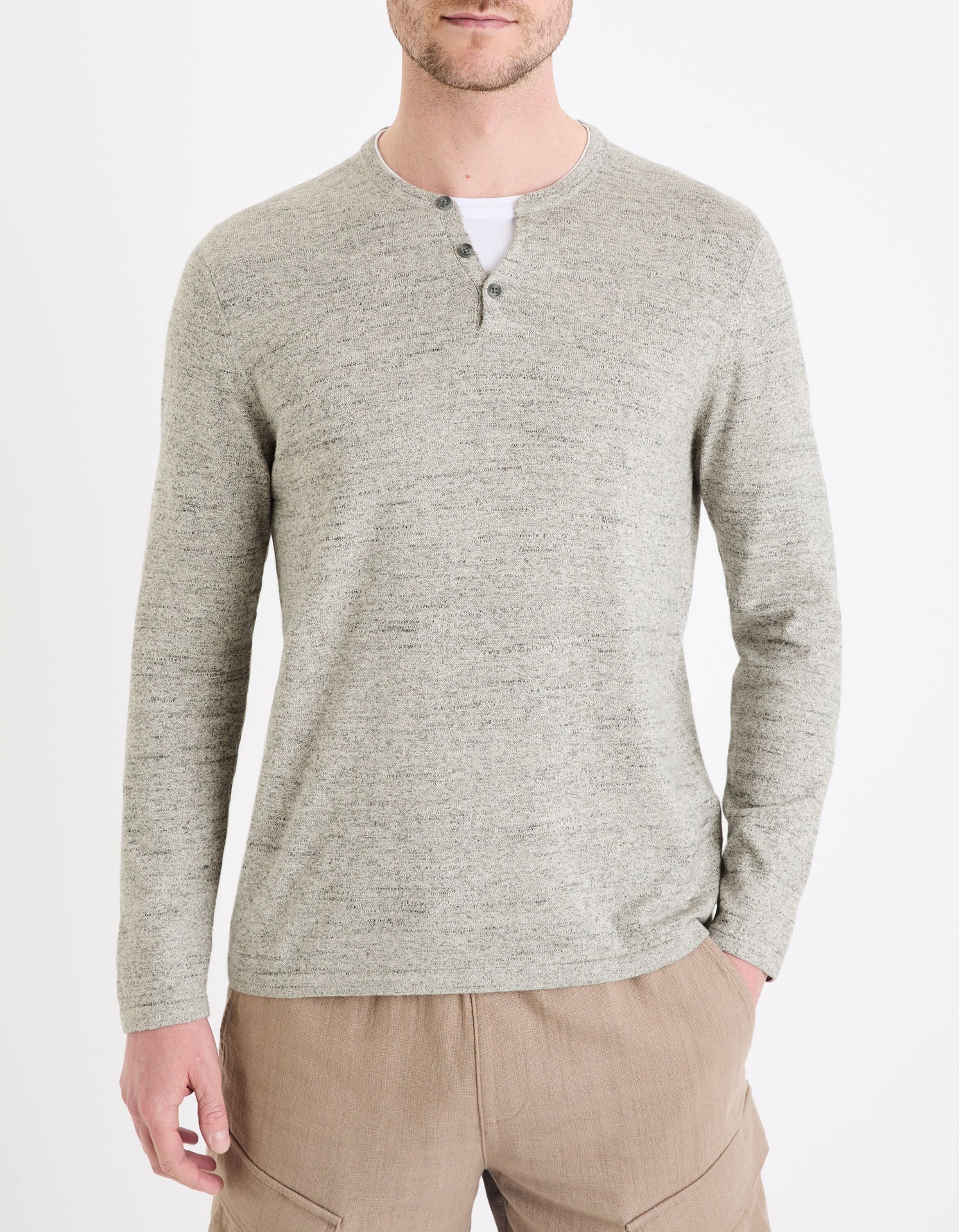 Henley Collar Mixed Sweater