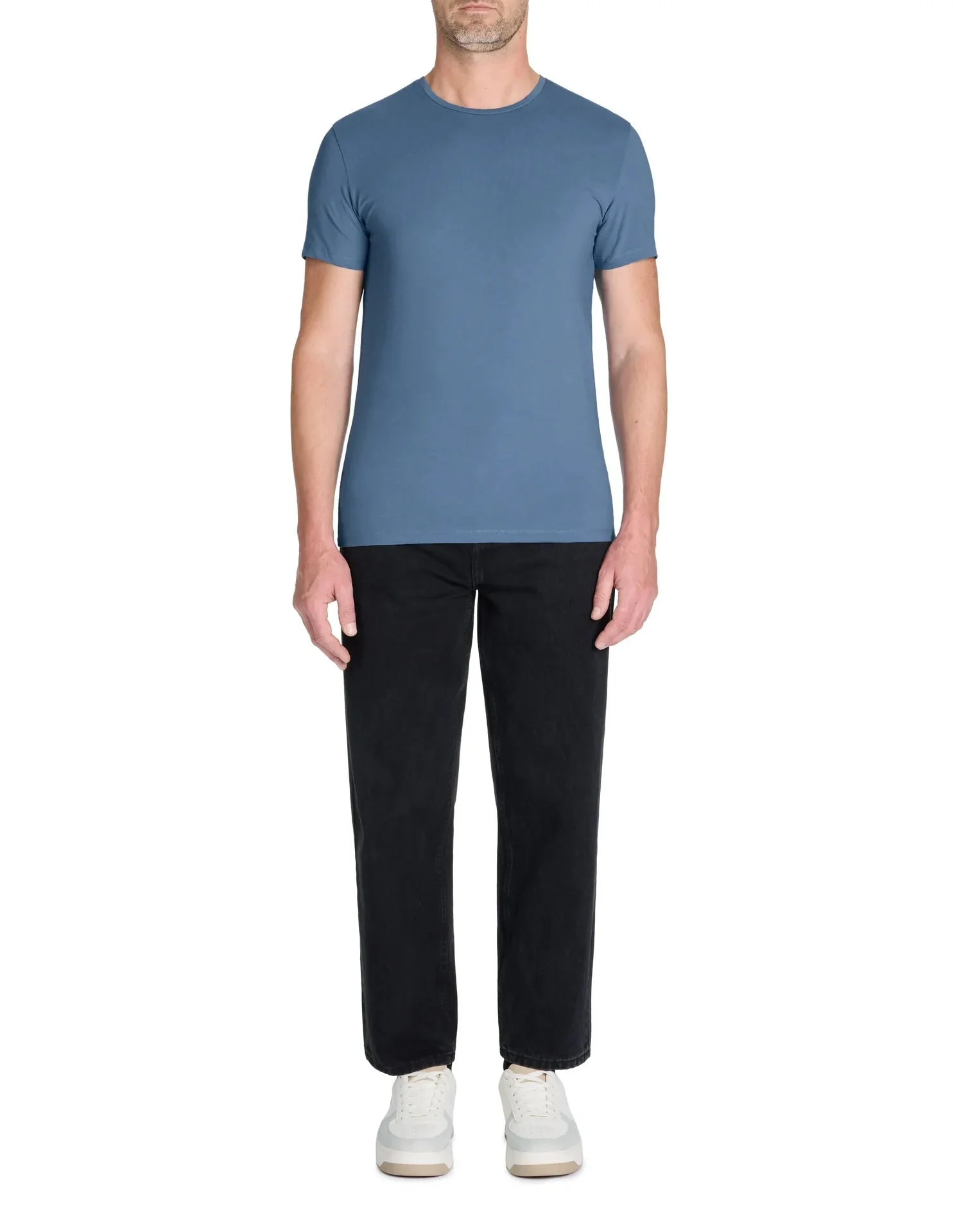 Slim Round-Neck T-Shirt In Stretch Cotton - Blue - Image 3