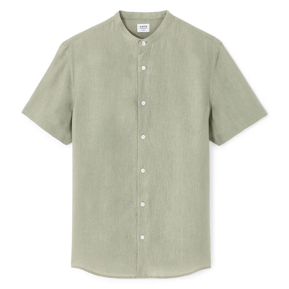 Regular-Fit 100% Linen Mandarin Collar Shirt - Sage Green - Image 2