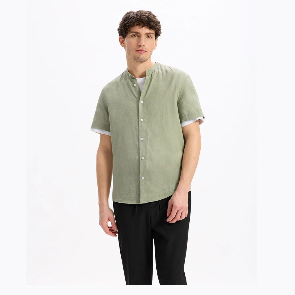 Regular-Fit 100% Linen Mandarin Collar Shirt - Sage Green - Image 3