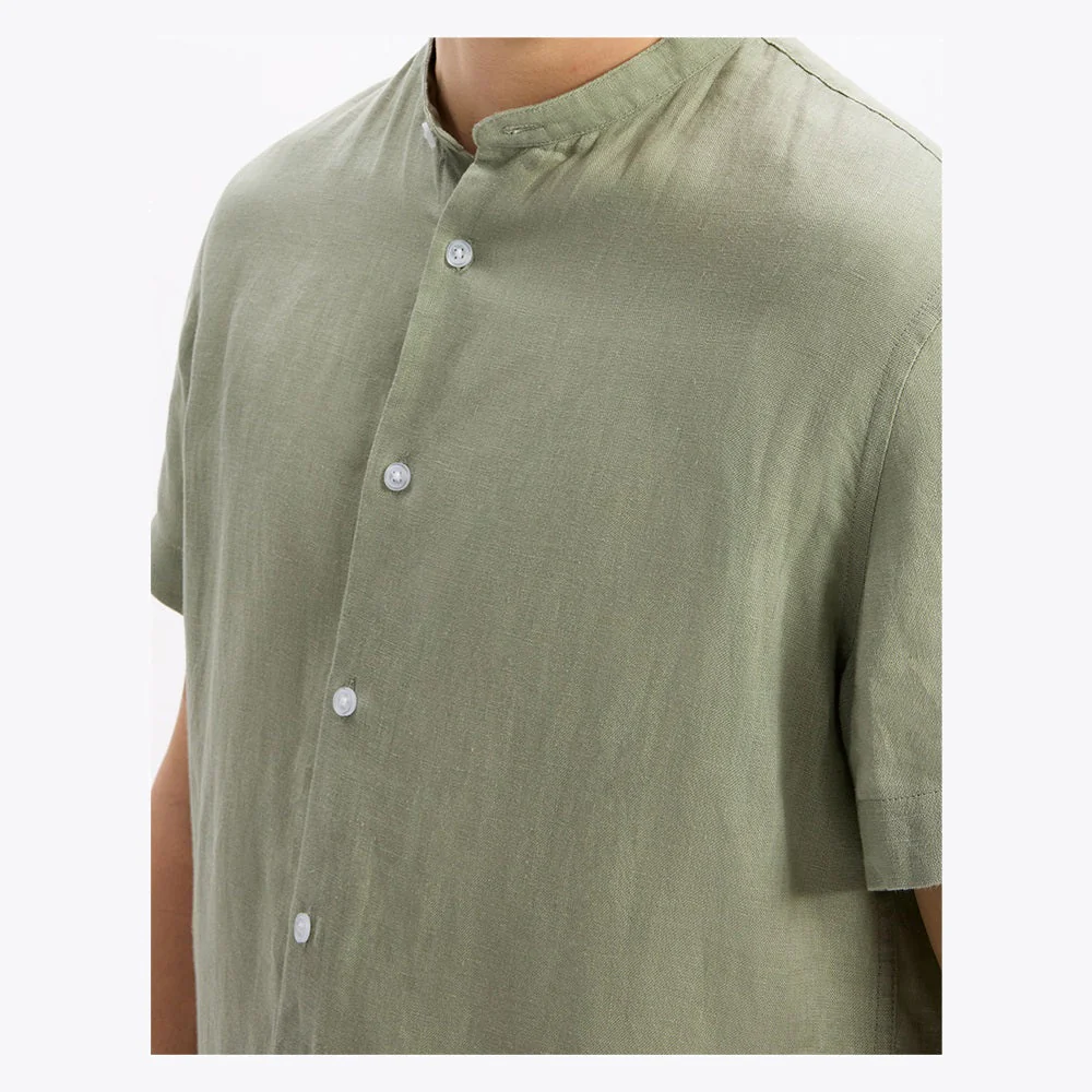 Regular-Fit 100% Linen Mandarin Collar Shirt - Sage Green - Image 5