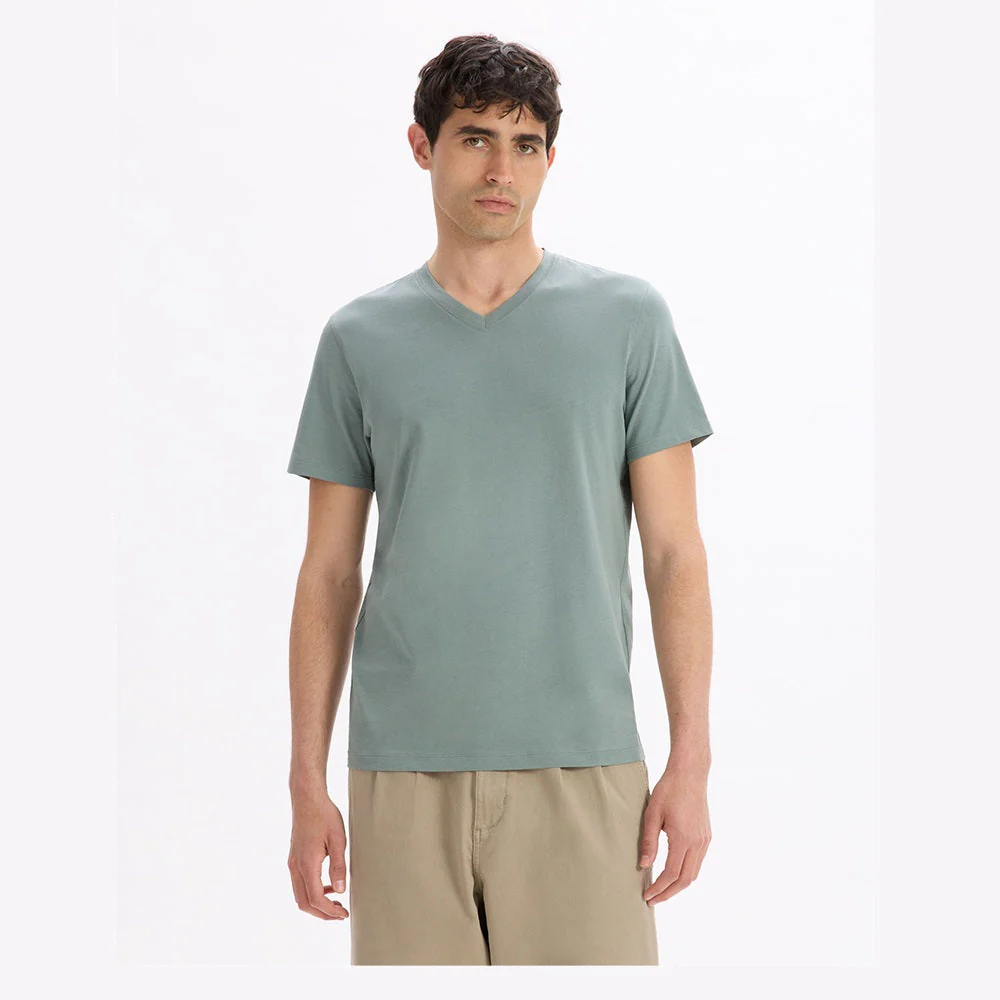 100% Cotton Straight V-Neck T-Shirt - Grey-Green