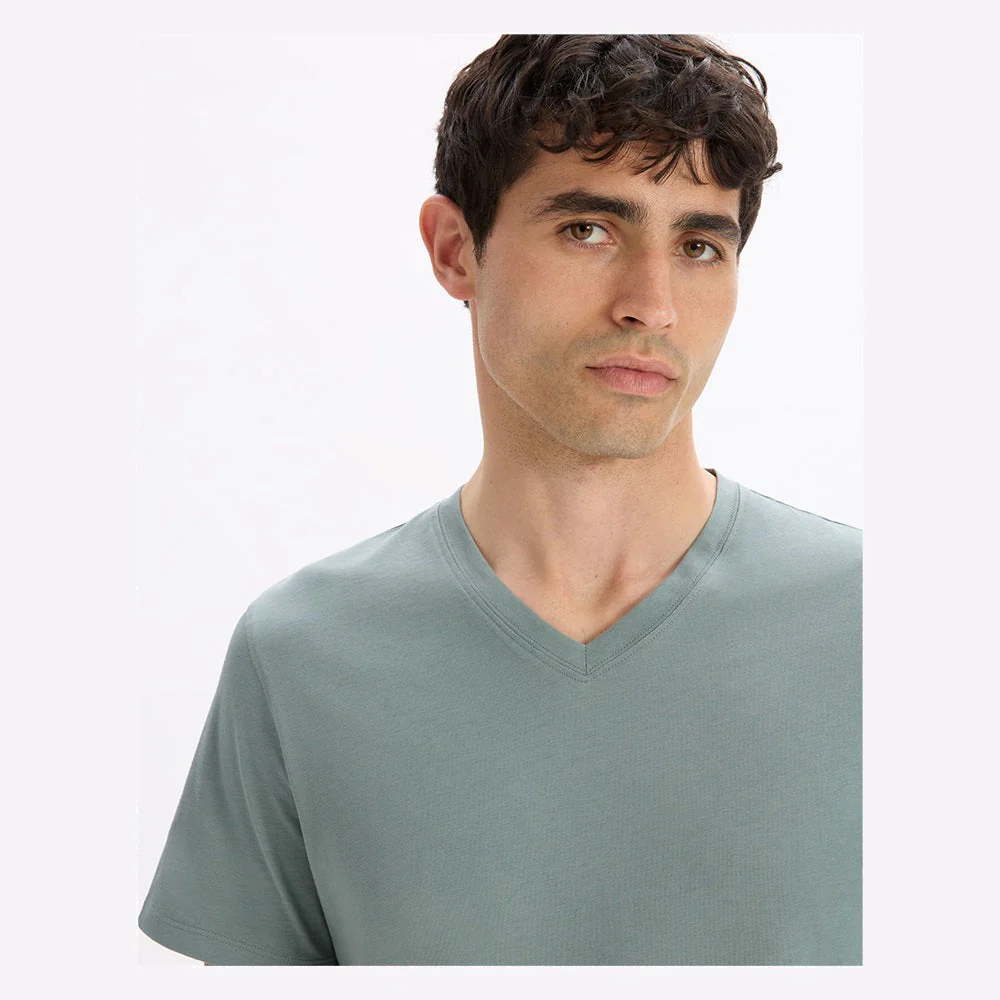 100% Cotton Straight V-Neck T-Shirt - Grey-Green - Image 5