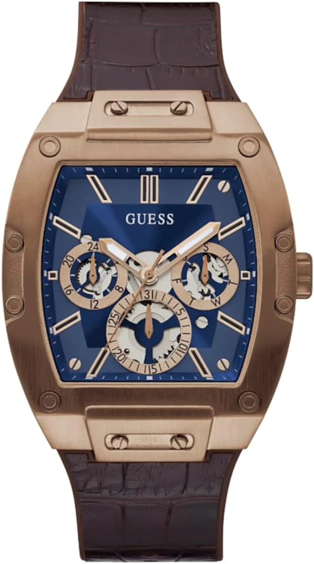 GUESS Men's Trend Multifunction 43mm Watch with Blue Diamond Dial & Brown Leather Strap GGM9
